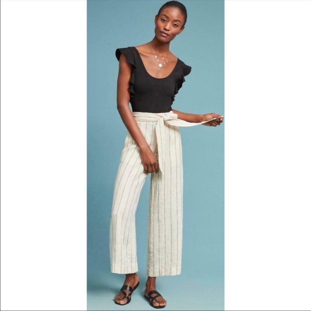 Anthropologie Portia Wide Leg Linen Pants Cream with Navy stripe size XS